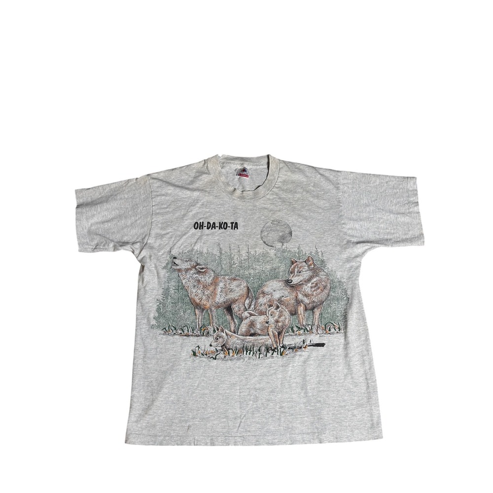 Vintage Fruit of the Loom Wolf T Shirt Oh-Da-Ko-Ta Gray Single Stitch Large USA